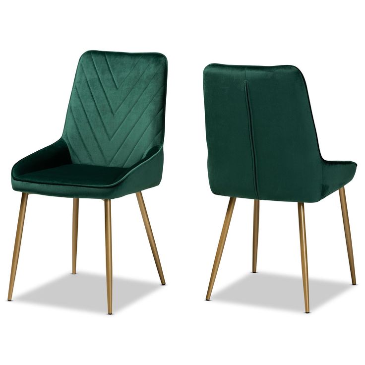 Emerald green velvet dining chair with gold metal legs and chevron stitched backrest, modern glam style.