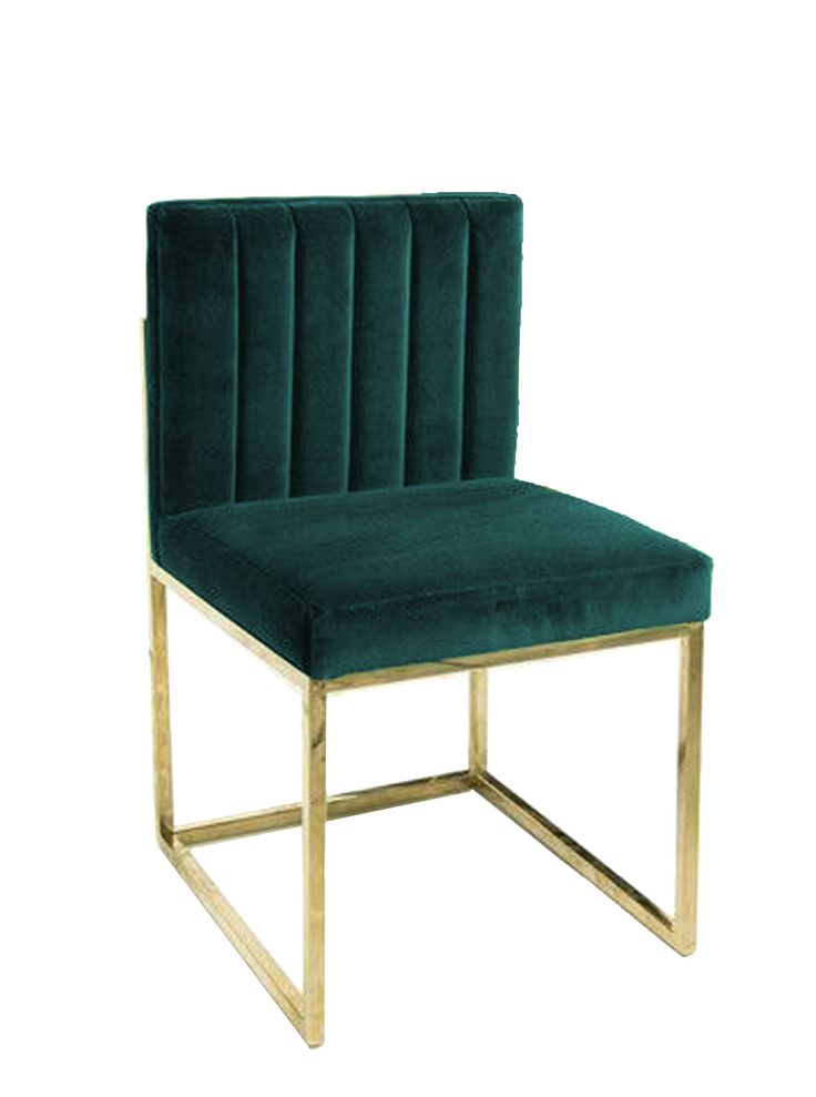 Emerald green velvet dining chair with vertical stitched backrest and a gold geometric metal frame.