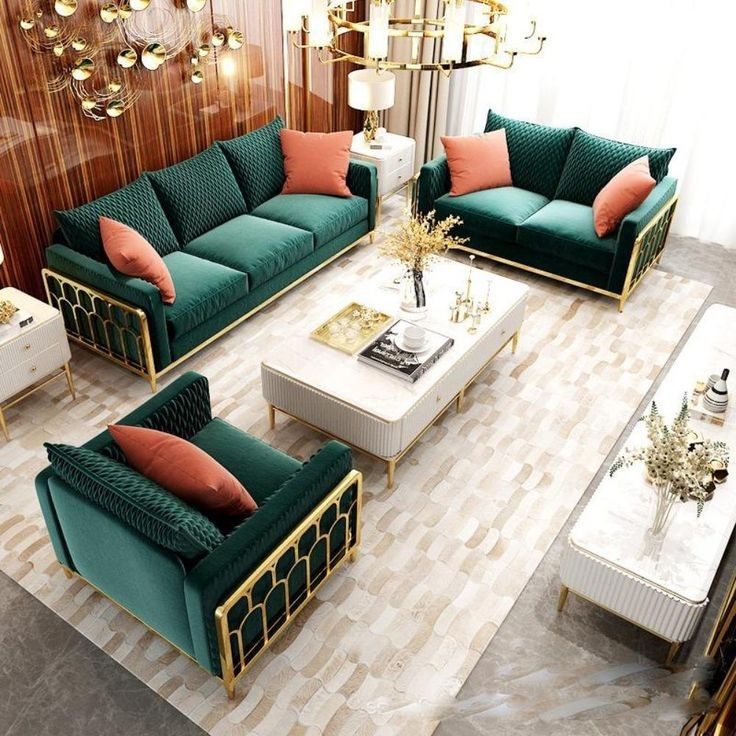 Emerald green velvet sofa set with a gold metal frame, designed for luxury and comfort.