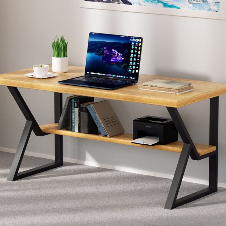 Modern Wooden Office Desk with Metal Frame and Storage Shelf – Industrial Home Office Table.
