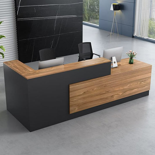 L-Shaped Wooden Reception Desk – Modern Office Front Counter with Storage.
