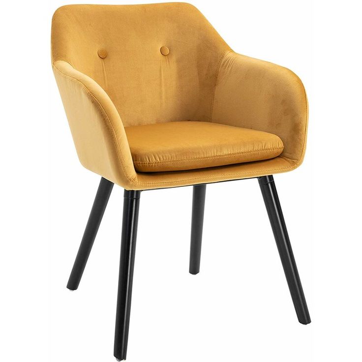 Mustard yellow velvet armchair with black legs and button-tufted backrest.