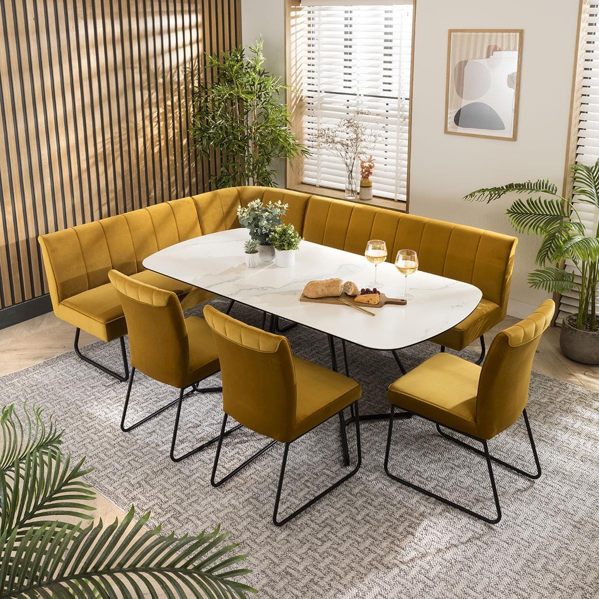 Modern Luxury Dining Set with Mustard Velvet Chairs & Marble Table - BinSha Furniture